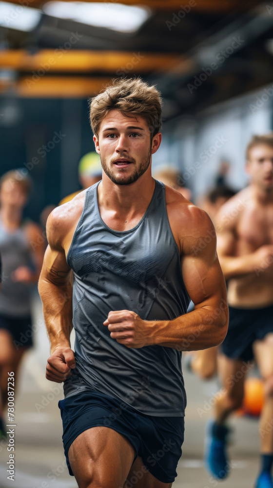 Group of Men Running in Gym Group of Men Running in Gym