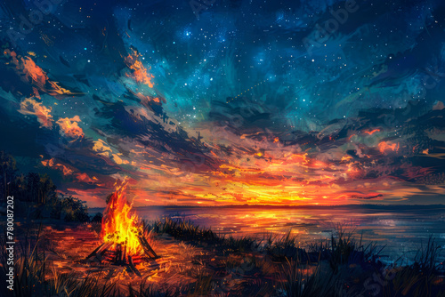 Colorful image of the sunset beyond the horizon or a brightly burning campfire under the starry sky. Warm tones and vibrant highlights to convey an atmosphere of warmth and coziness photo