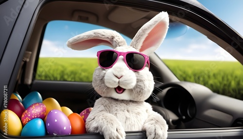 Cute Easter Bunny with sunglasses looking out of a car filed with easter eggs