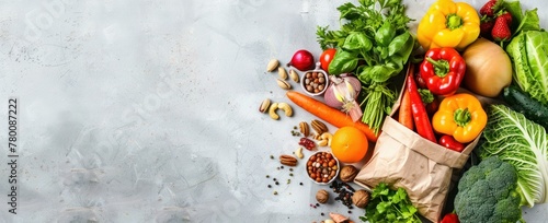 Wholesome assortment of fruits, vegetables, and nuts spilling out of a paper bag on a verdant green surface photo