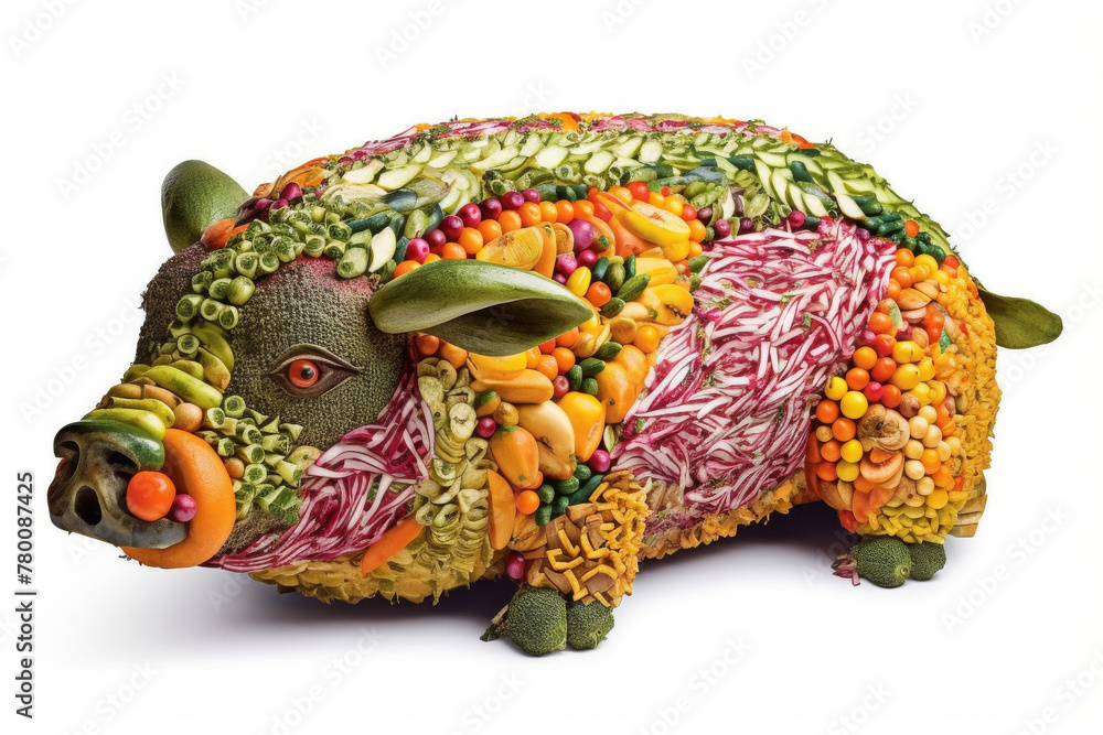 A pig made from vegetables. Vegetables create the outlines and details of the pig's body. Concept of healthy eating, vegetarianism, or as a creative way of presenting food.