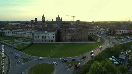 Aerial footage of the skyline of Mantua and the medieval building of Saint George on sunny day, Mantova, Lombardy, Italy