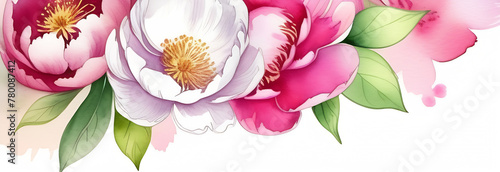 a banner with a watercolor image of beautiful spring flowers, copy space, pink pions photo