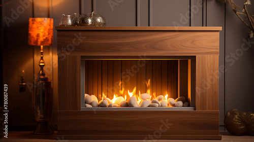 Illuminated fireplace with wooden finish. In the style of hygge