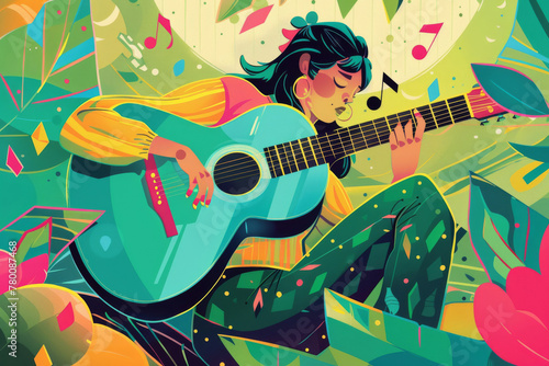 A picturesque illustration of a girl playing the guitar in a colorful abstract world, surrounded by musical notes. A female guitarist in an abstract musical realm.