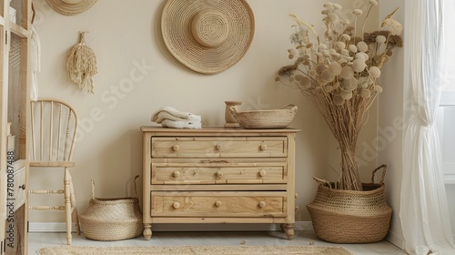 Stylish scandinavian decor in beige room with natural wood chest of drawers, wicker baskets, dry flowers and raffia macrame on the wall. Modern interior with beige background walls, wooden furniture a