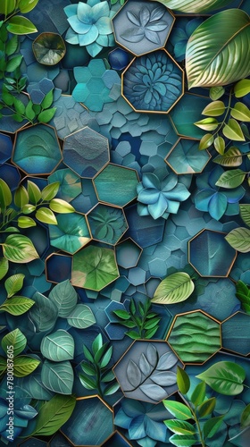 Leaves and Flowers Painting on Blue Background