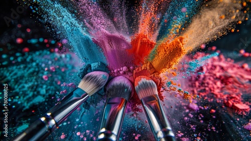 Colorful makeup brushes in explosive action