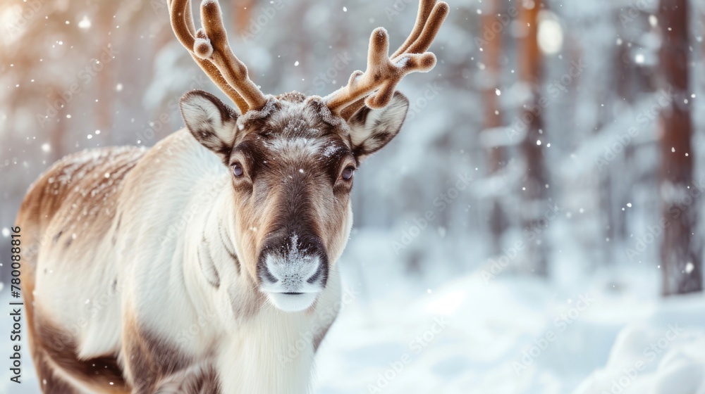 Snowflakes settling on the antlers of a reindeer in a wintry forest. Snowflakes settling on the antlers of a reindeer in a wintry forest.