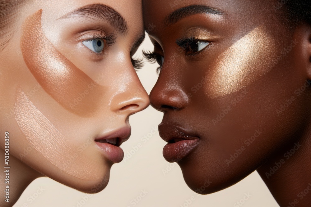 Close-up photo of two models with different skin tones wearing the same highlighter shade Close-up photo of two models with different skin tones wearing the same highlighter shade
