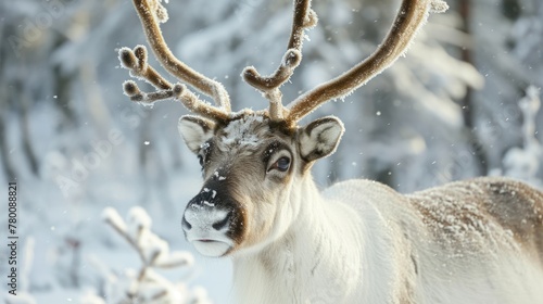 Snowflakes settling on the antlers of a reindeer in a wintry forest. © PROKOPYCH