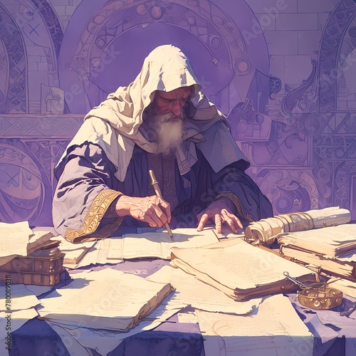 Ancient Scholar Engrossed in Writing in Historic Scriptorium Setting