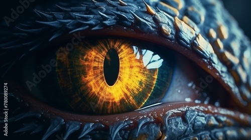 Myth fantasy dragon eye. Macro close up illustration decoration graphic art view lokk watching at you.
