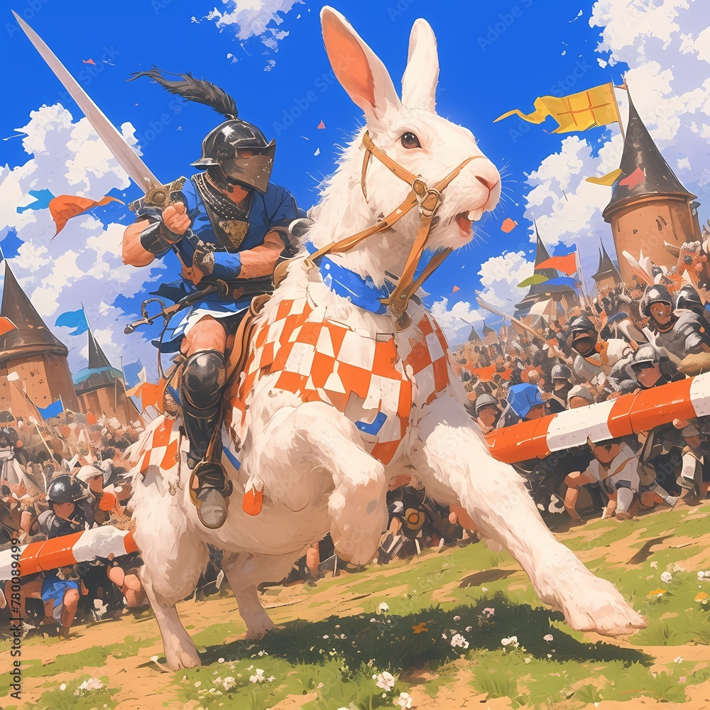 A jousting knight in full armor rides atop an unusually large rabbit ...