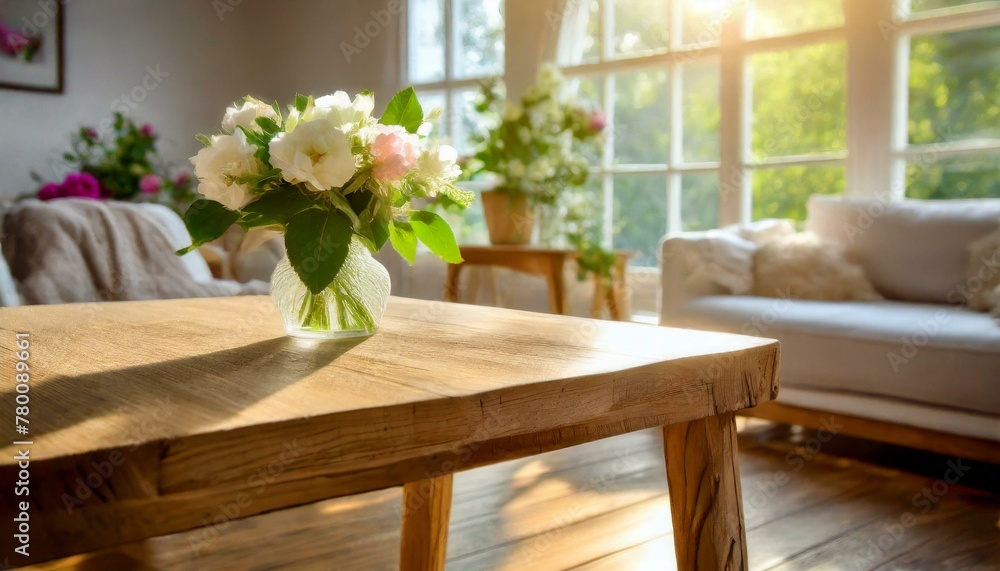 Aesthetic Abundance: Sunlit Living Room with Fresh Flowers