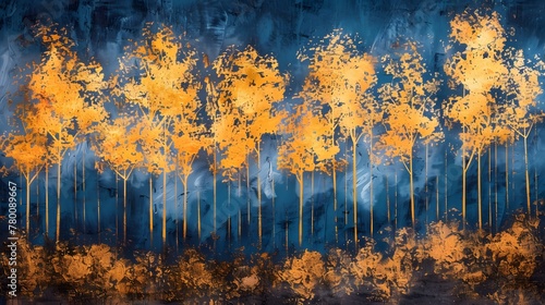 Golden and dark blue and trees painting . Great for wall art and home decor. 