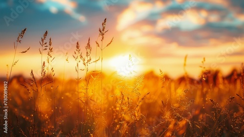 Sun Setting Over Field of Tall Grass