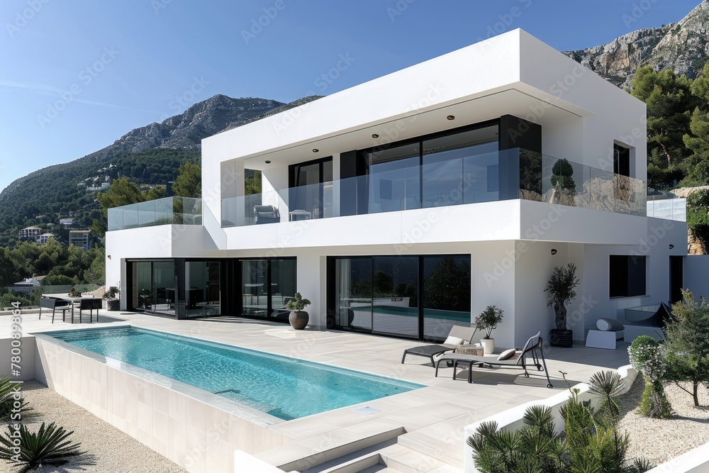 A large house with a pool and a lot of windows. The house is very modern and has a lot of natural light coming in A large house with a pool and a lot of windows. The house is very modern and has a lot of natural light coming in