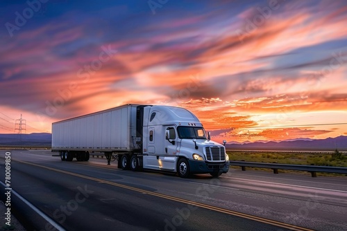 Heavy Hauler Semi-Trailer Tractor Truck Speeding Down a Four-Lane Highway with a Dramatic and Colorful Sunset or Sunrise In the Background © JovialFox