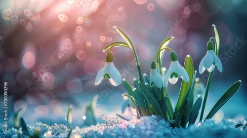 Snowdrops Emerging in Snow on a Sunny Day