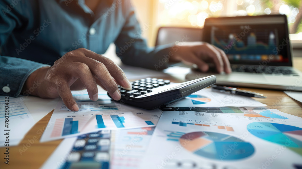 Businessman Working with Calculator in Office Environment Businessman Working with Calculator in Office Environment