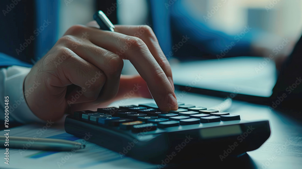 Businessman Working with Calculator in Office Environment Businessman Working with Calculator in Office Environment