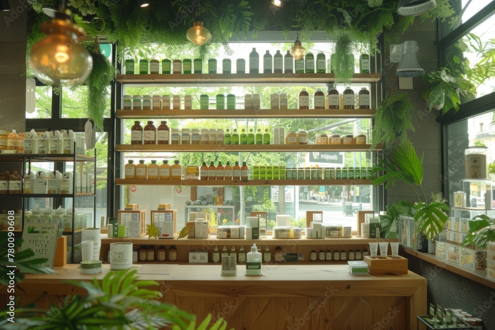 Eco-friendly gourmet store greeting customers with tasty fresh food supplies home decorations eco packaging sustainable life happy staff delicacy delicious spices herbs cooking small business owner