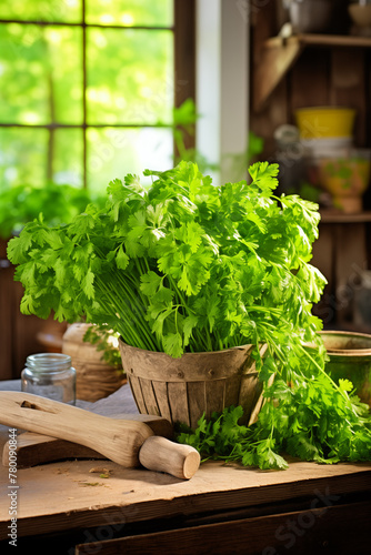 Healthy herb parsley in a cozy country kitchen, close up. Generative AI tools