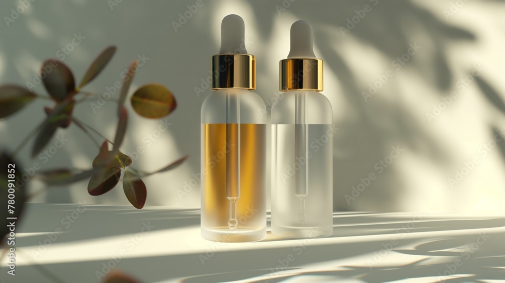A luxurious glass bottle with a dropper containing oil for skin or hair. Advertisement for natural cosmetics A luxurious glass bottle with a dropper containing oil for skin or hair. Advertisement for natural cosmetics