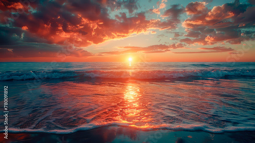 Sunset over the horizon  with the beach in the foreground  creating an atmosphere of romance and tranquility