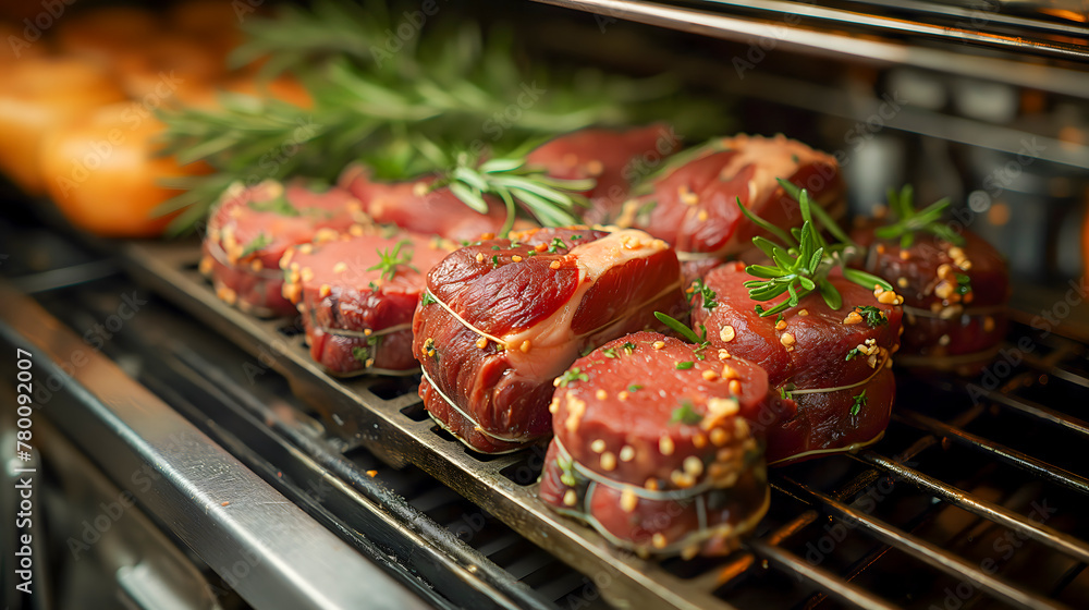 Raw beef steaks on the grill with rosemary, close up Raw beef steaks on the grill with rosemary, close up