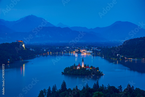 Sunset panorama of Bled lake in Slovenia photo