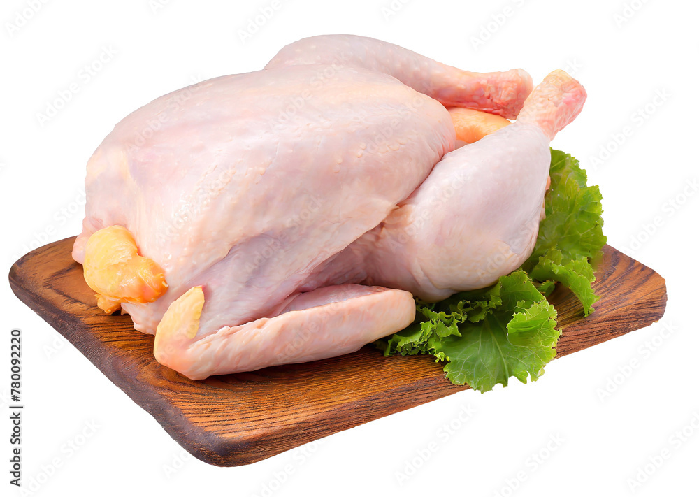 raw chicken carcass on the cutting board isolated on white background. raw chicken carcass on the cutting board isolated on white background.
