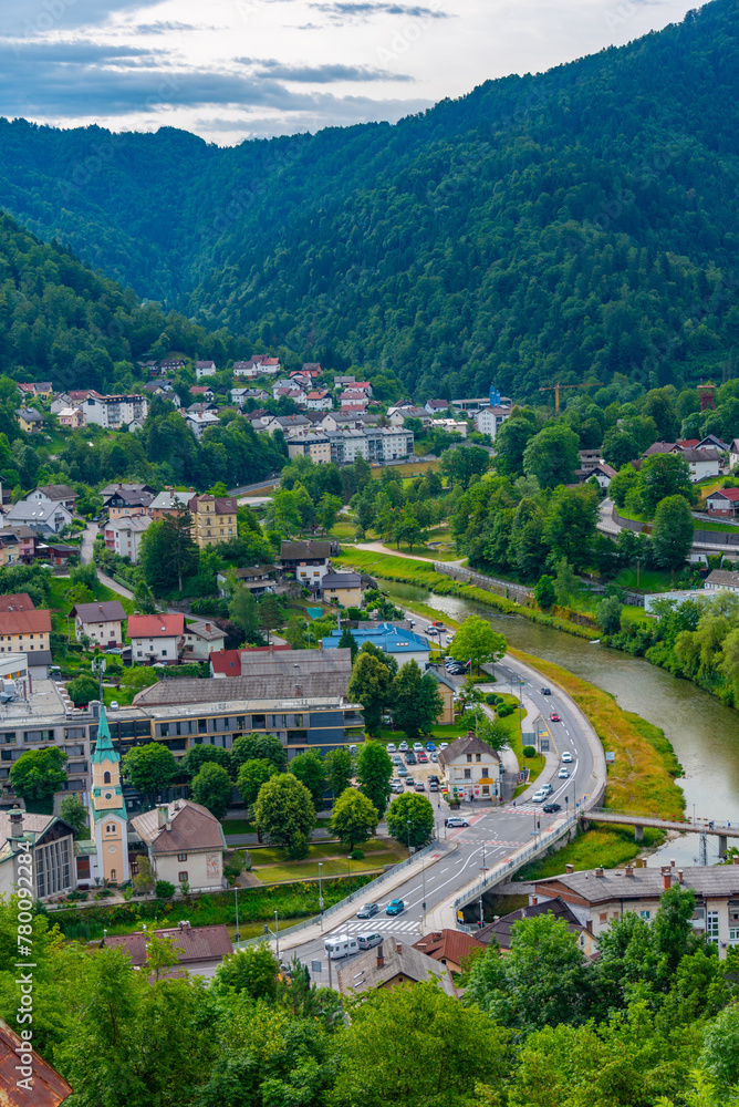 Naklejka premium Aerial view of Slovenian town Idrija