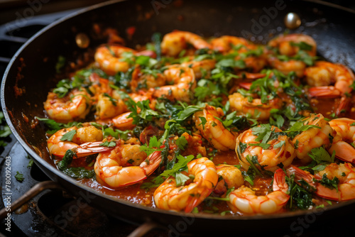 Shrimp with herbs. healthy kitchen. Close up. Generative AI tools