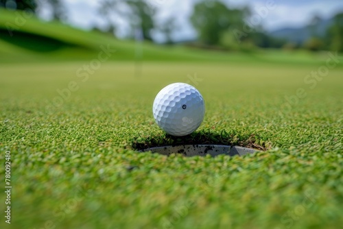 Golf ball on grass green putt in course. Beautiful simple AI generated image in 4K, unique.