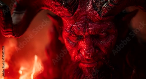 A menacing red demon with prominent horns and glowing eyes roams the scene, exuding a terrifying presence photo