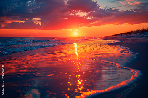 Sunset over the horizon, with the beach in the foreground, creating an atmosphere of romance and tranquility