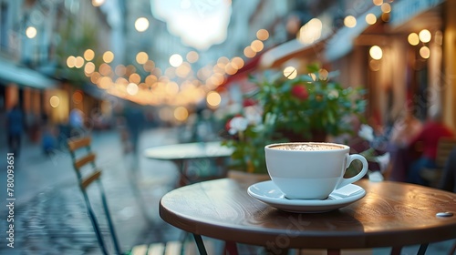 Morning coffe. White cup of coffee on table in outdoors cafe with blurred city street background
