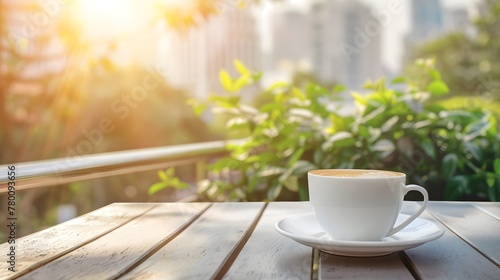 Morning coffe. White cup of coffee on table in outdoors cafe with blurred city street background