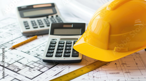 Architectural Design Tools, Yellow Helmet, Calculator, and Blueprint Layout