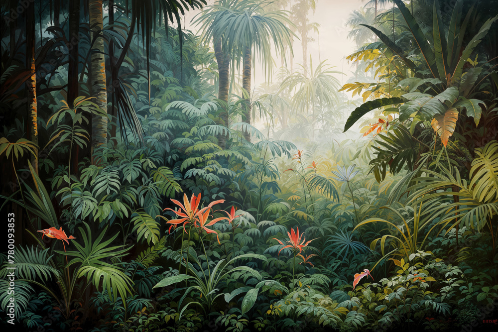 A lush, tropical rainforest with dense foliage, palm trees, and vibrant red flowers in the foreground A lush, tropical rainforest with dense foliage, palm trees, and vibrant red flowers in the foreground