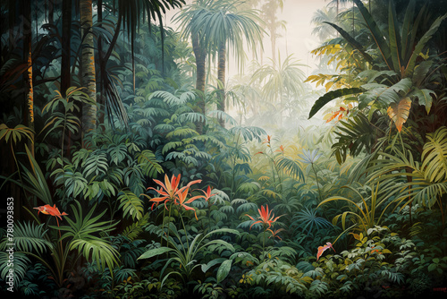 A lush  tropical rainforest with dense foliage  palm trees  and vibrant red flowers in the foreground