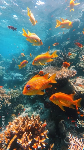 School of Fish Swimming Above Coral Reef