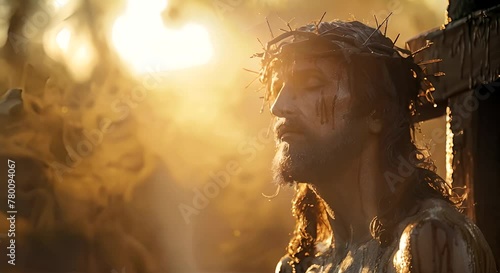 A man with a crown of thorns on his head is depicted in this video photo
