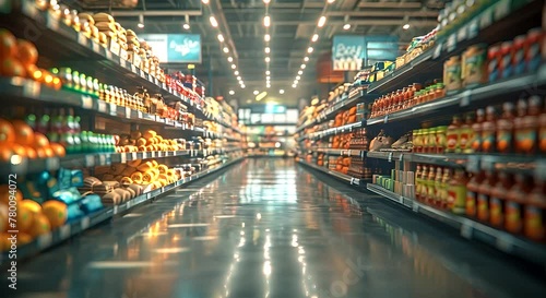 Explore the vast selection of food items in a bustling grocery store, showcasing the abundance of produce, dairy, meat, and pantry essentials available to shoppers photo