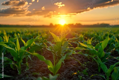The sun slowly sets in the background as it casts a golden hue over a vast corn field, creating a beautiful natural scene photo
