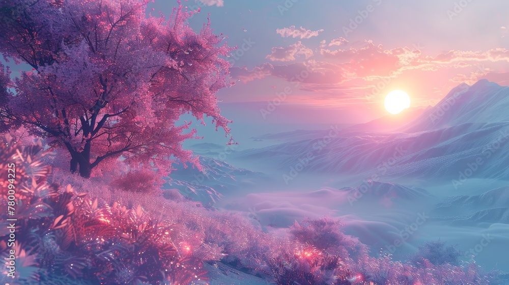 Japanese sunset with vaporwave vibe. Generative AI Japanese sunset with vaporwave vibe. Generative AI