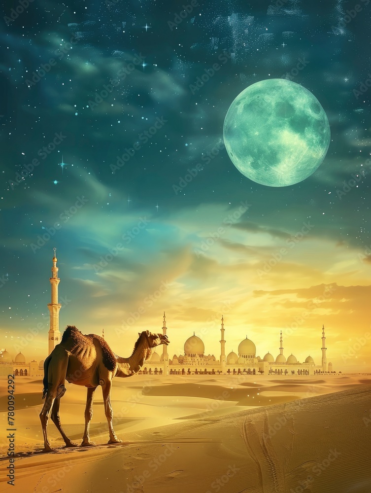 This image is created for Islamic events like Eid ul Adha, Camel, poster and copy space - generative ai - obrazy, fototapety, plakaty 