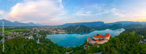 Bled castle over Bled town in Slovenia photo